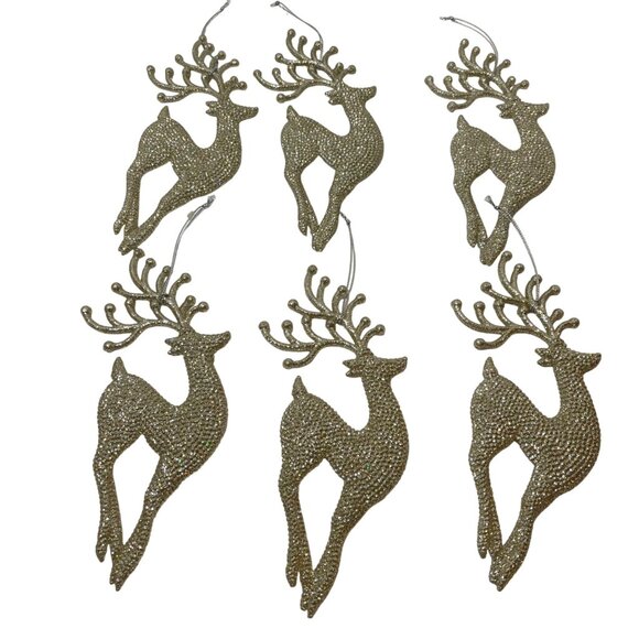 Set Of 6 Gold Glittered Reindeer Christmas Ornaments With Hanging Strings For Ho - Picture 5 of 8